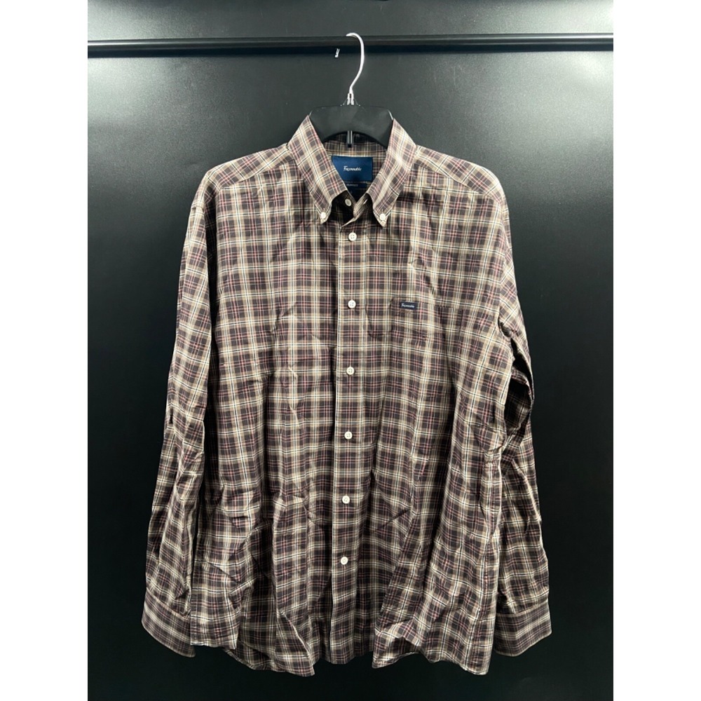 FACONNABLE BROWN‎ CHECK plaid 100% COTTON DRESS SHIRT L pocket button
